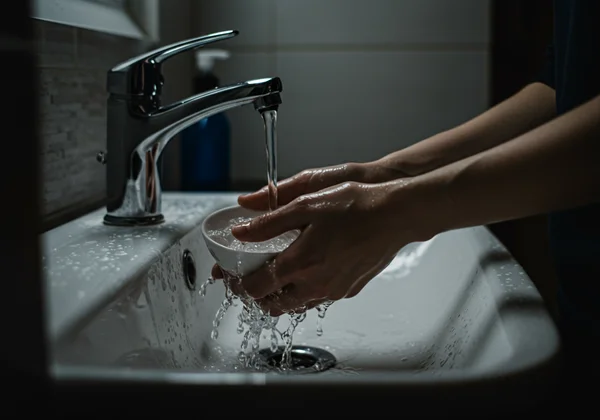 Hands over a sink, blurred, symbolizing excessive washing.