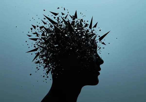 Abstract person battling dark, intrusive thoughts.