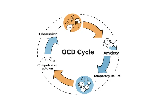 Showing the OCD cycle: obsession, anxiety, compulsion, relief