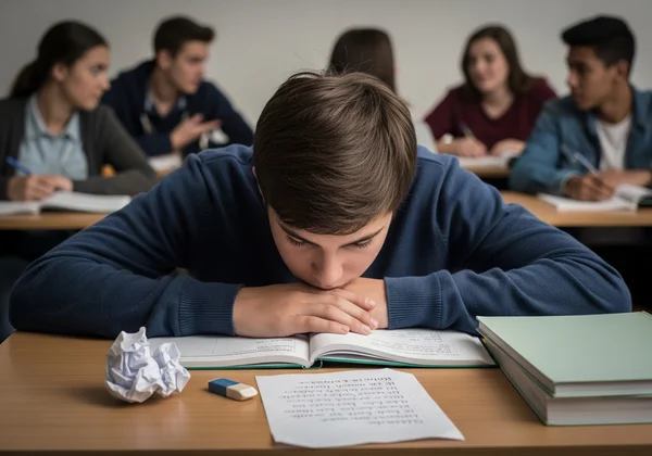 Teenager isolated at school desk, showing OCD's social impact.