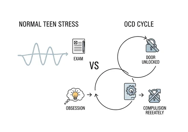 Diagram showing OCD obsession-compulsion cycle vs normal anxiety.