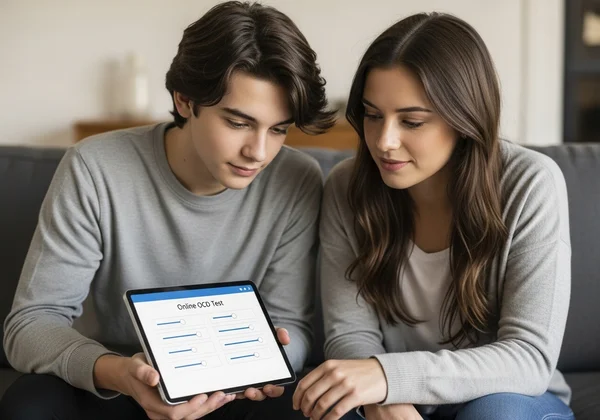 Teenager and parent looking at an online OCD test on screen.