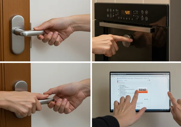 Multiple hands repeatedly checking locks, stoves, and emails