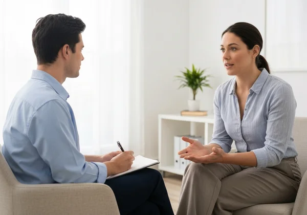 Therapist and patient in a calm, professional consultation.