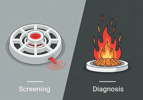 Comparison of screening (smoke detector) vs. diagnosis (fire).