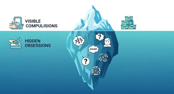 OCD iceberg illustration showing visible and hidden symptoms