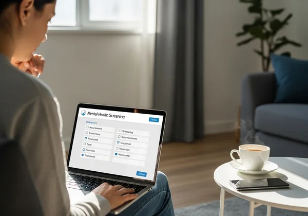 person using laptop for online mental health screening