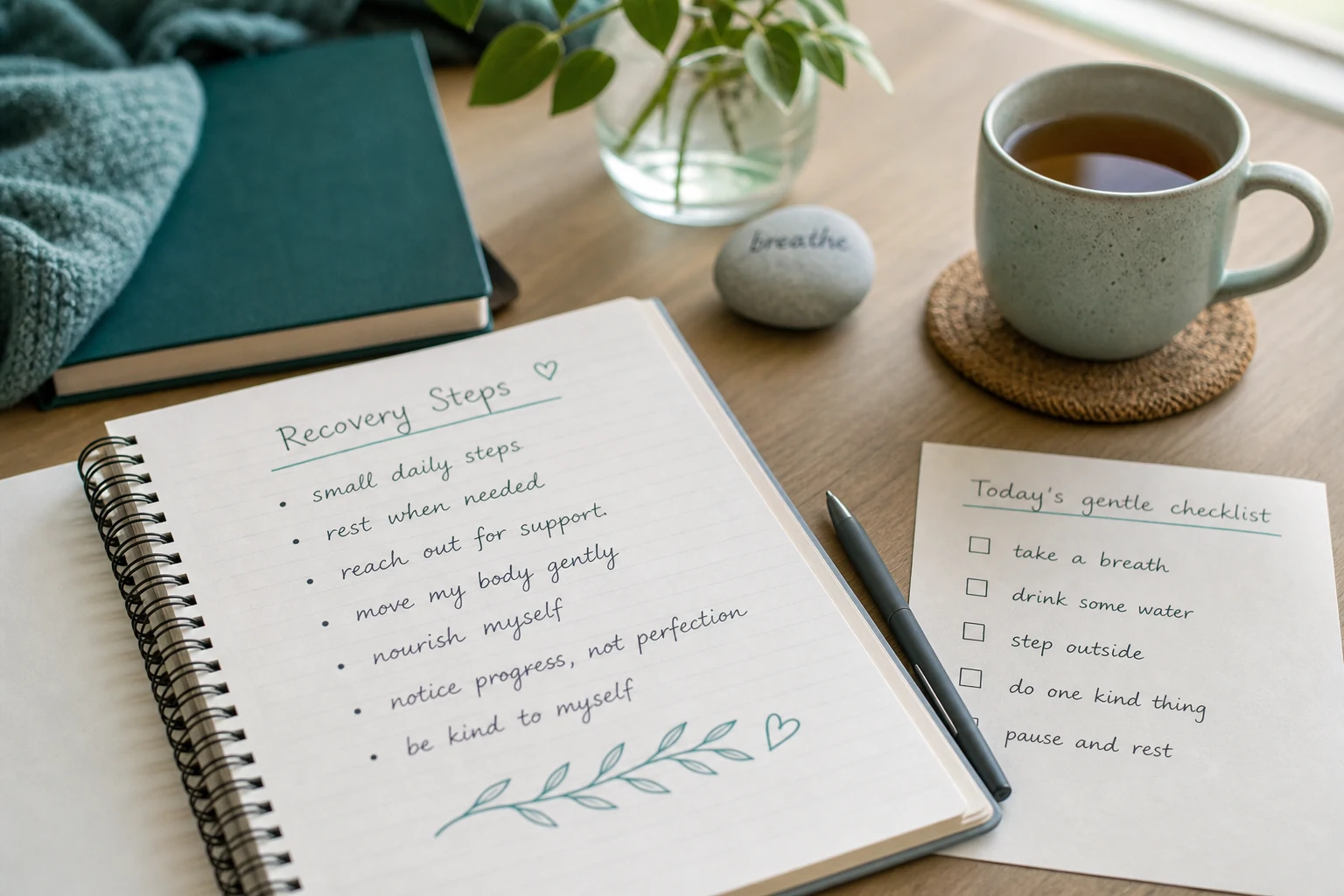 Calm desk with OCD recovery notes