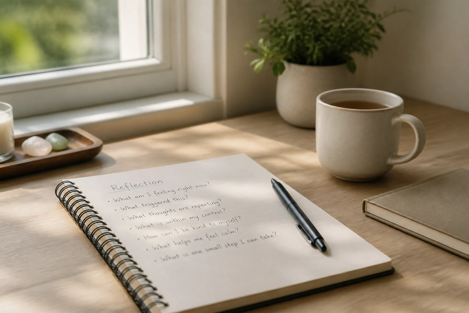 Calm desk with reflection notes