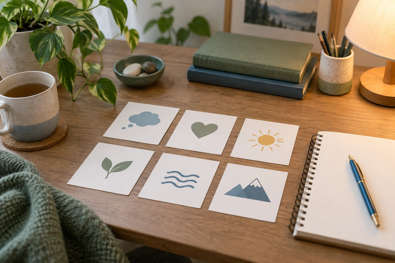 Calm desk with thought notes